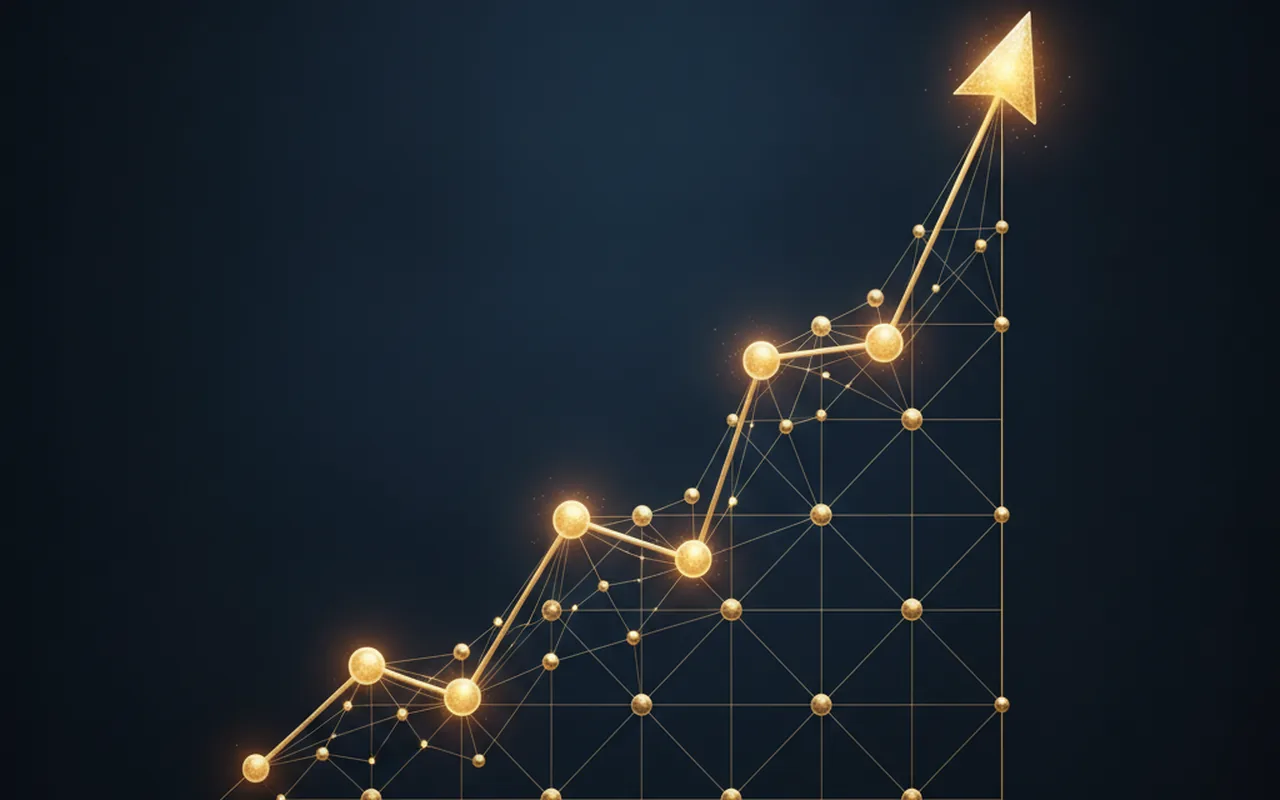 Upward trending profit chart with gold nodes on dark navy background, AI financial breakthrough