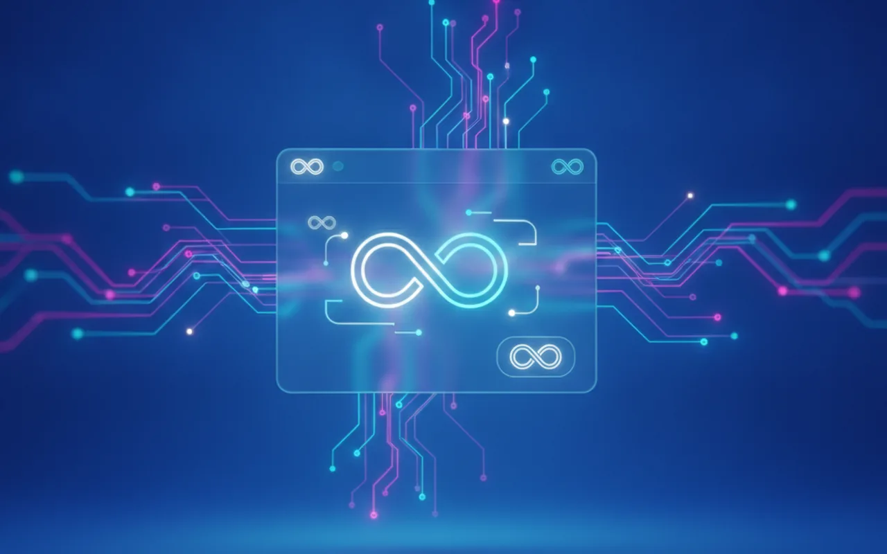 Glowing AI neural circuit interface with infinity symbols representing unlimited ChatGPT free access