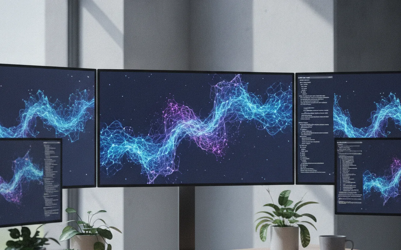 Multiple developer monitors showing glowing AI neural network visualizations and code in a modern workspace