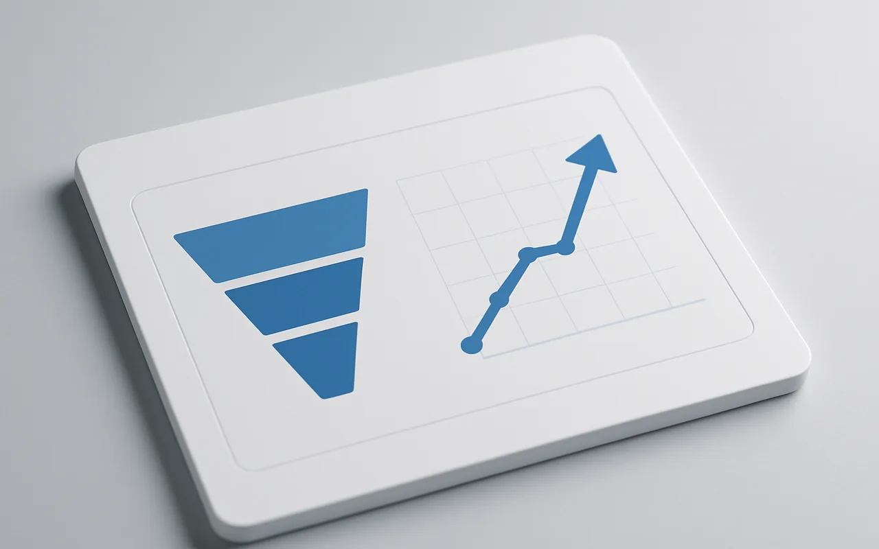 Conversion funnel icon next to a rising line chart on a clean white card