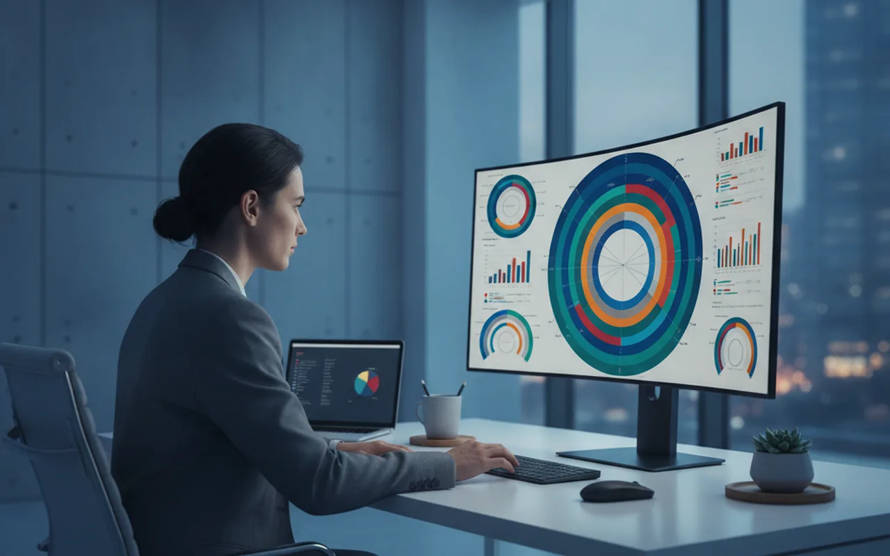 Marketing professional reviewing customer audience segments on monitor with data charts in modern office