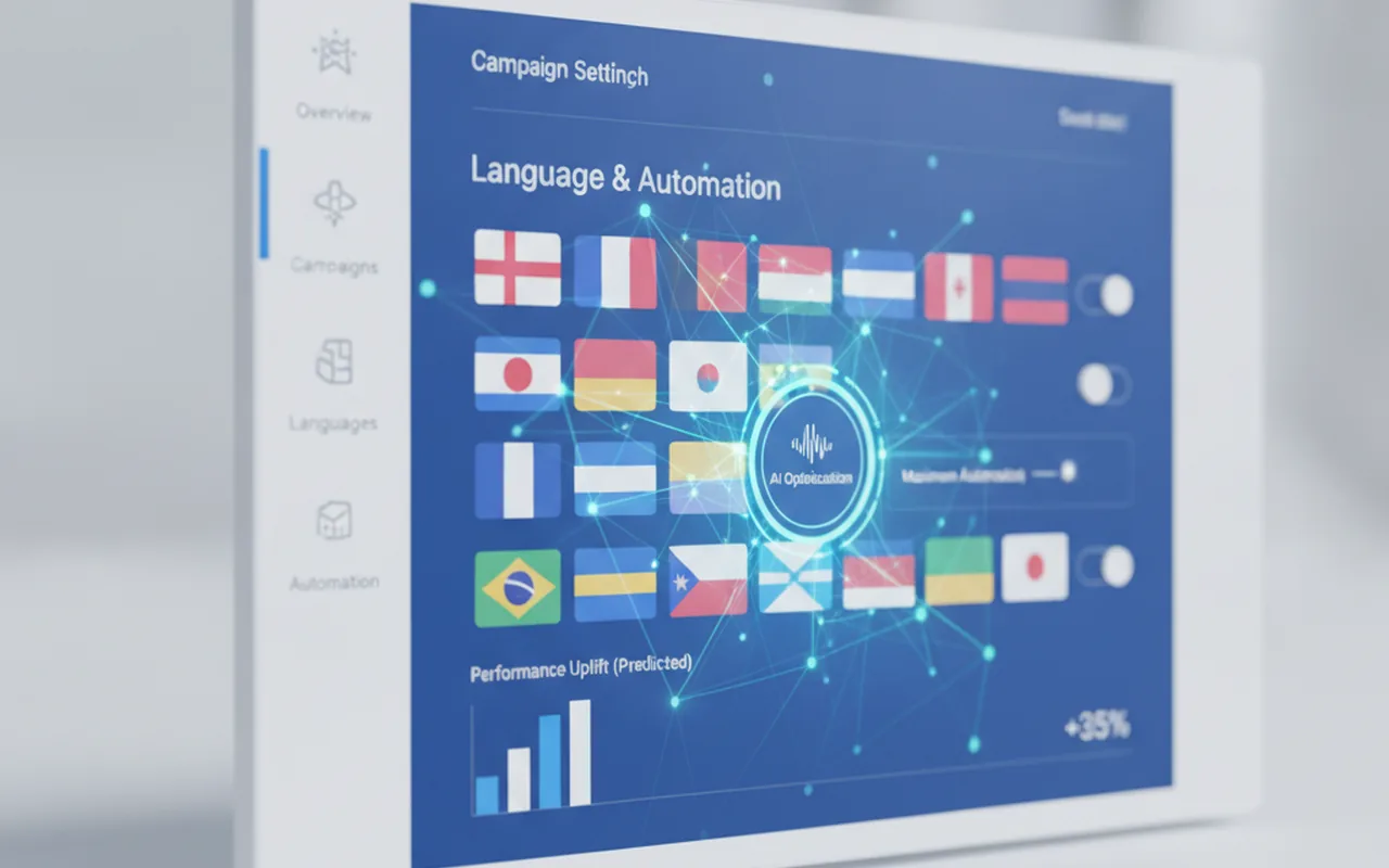 Google Ads campaign settings dashboard with language flags and AI automation