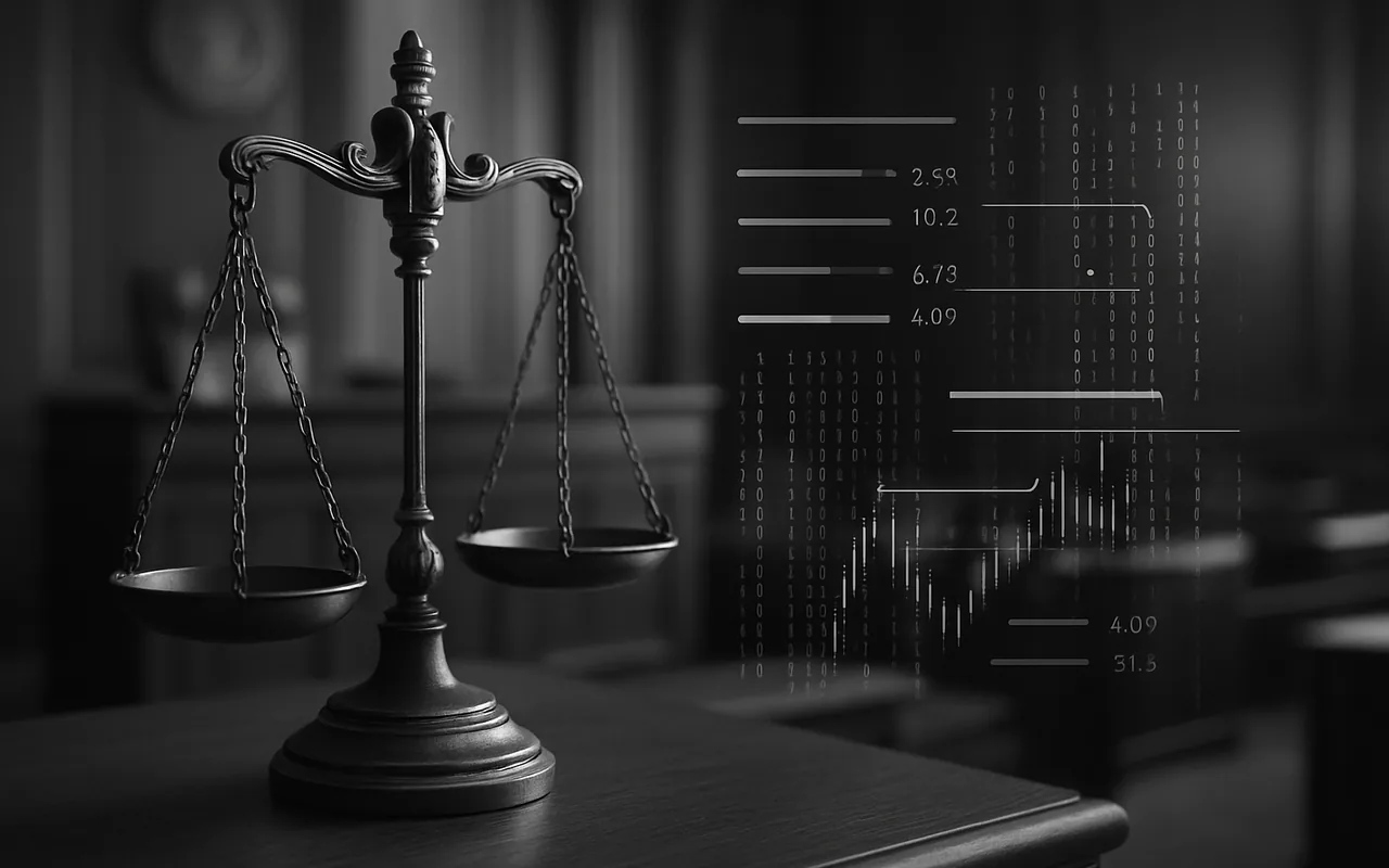 Scales of justice with digital advertising auction data streams in a courtroom setting
