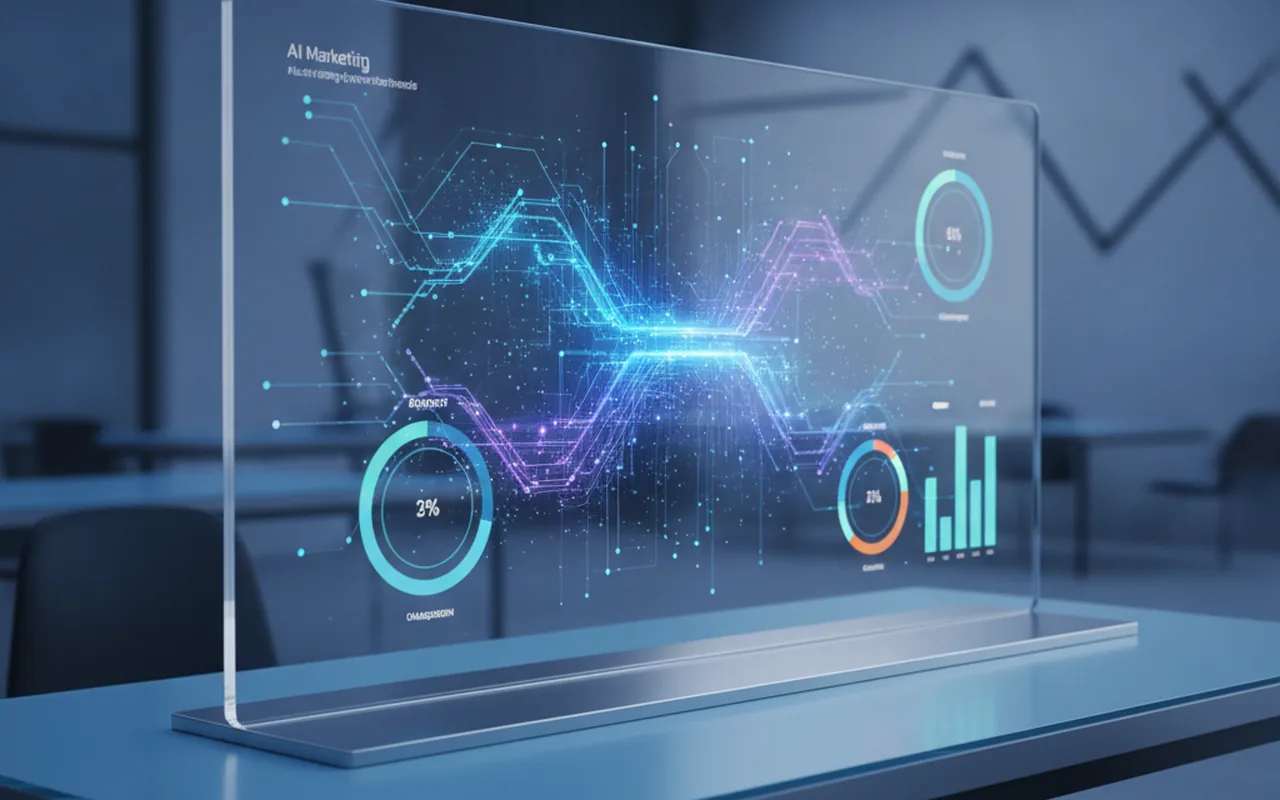 Holographic AI analytics dashboard with glowing blue data streams and performance charts