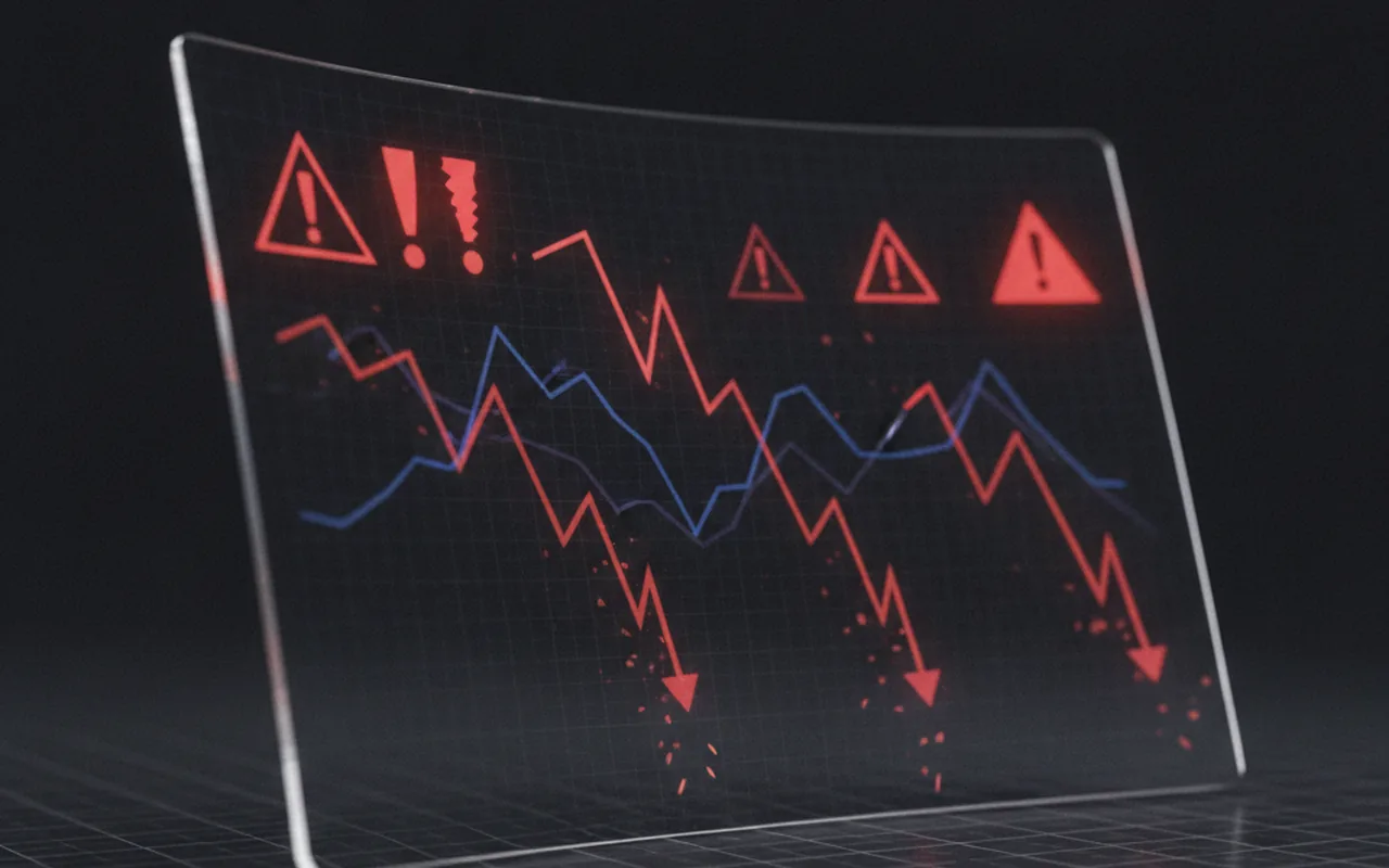 Abstract search ranking dashboard with red warning indicators and sharply falling trend lines