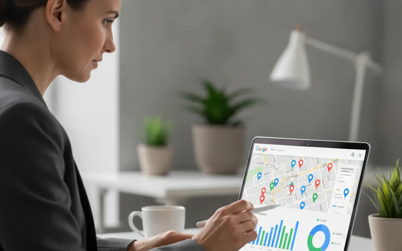 Marketing professional reviewing Google Maps local advertising dashboard on laptop