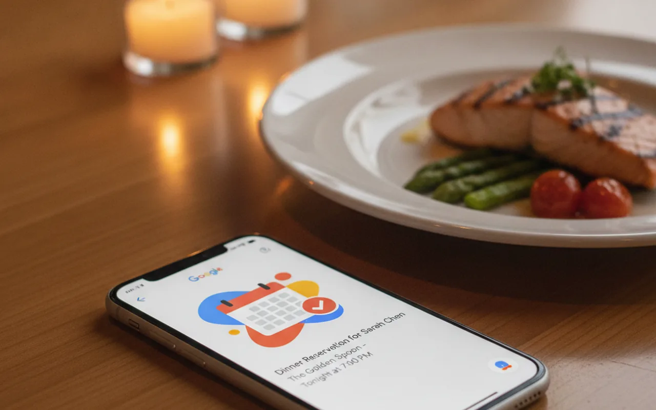 Smartphone on restaurant table showing AI-powered Google Maps reservation confirmation beside a plated meal