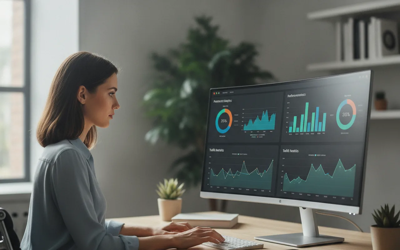 Merchant reviewing product analytics dashboard with performance charts on computer monitor in office