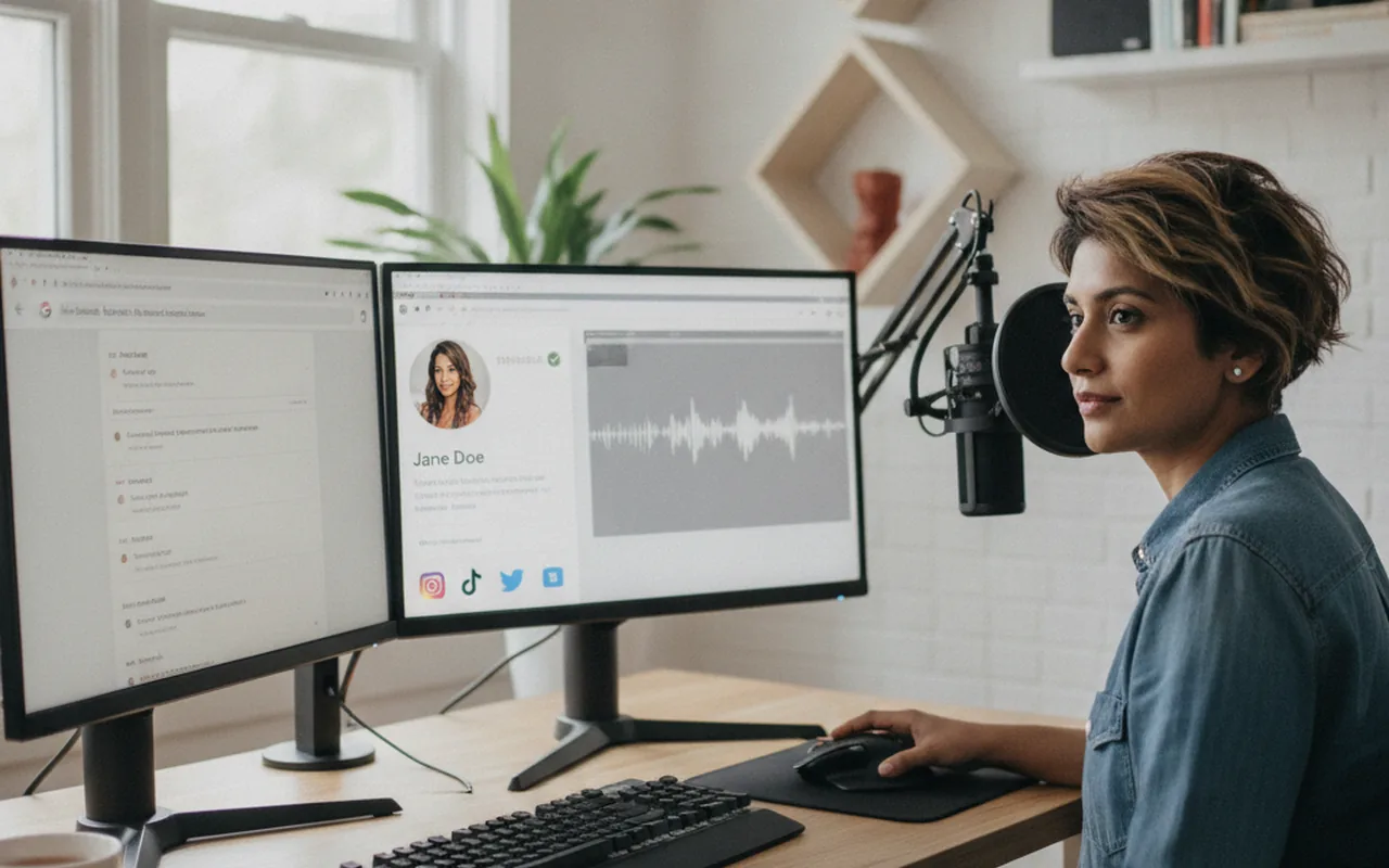 Content creator at dual monitor setup viewing a Google Search Profile card with social media icons