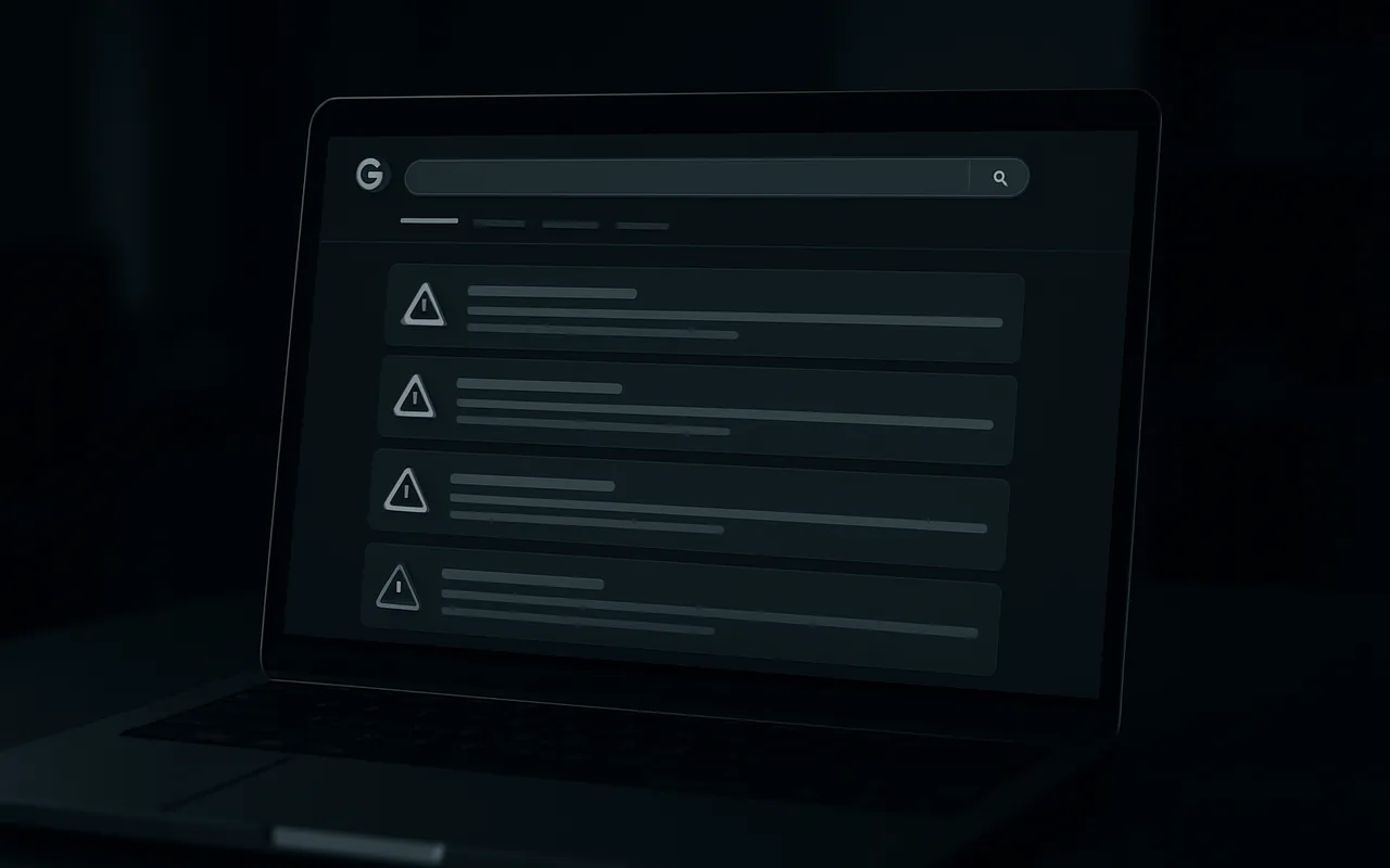 Dark laptop screen showing a broken search results page with warning indicators