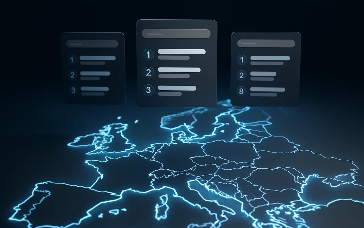 European map with glowing boundary lines and abstract search ranking cards floating above it