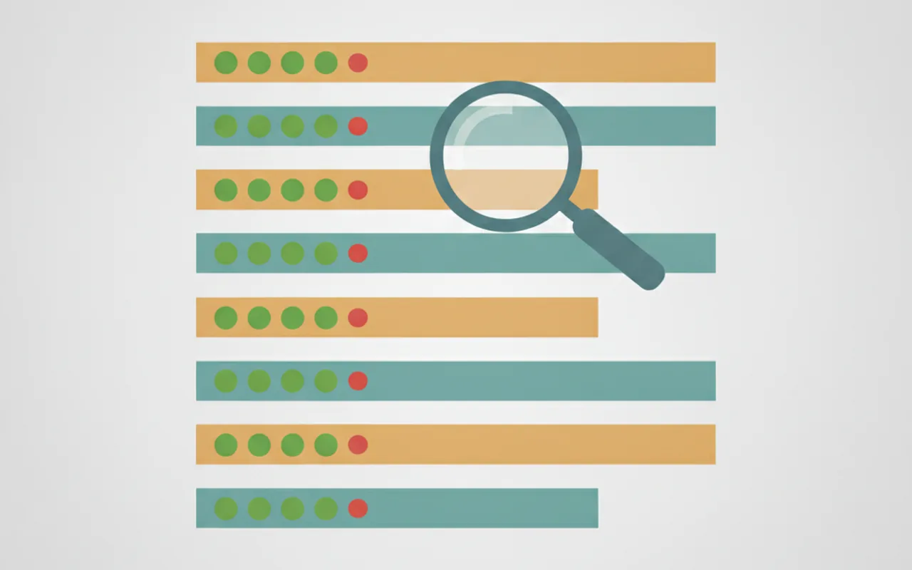 Vendor evaluation scorecard illustration with criteria rows, weight bars and green/red status dots