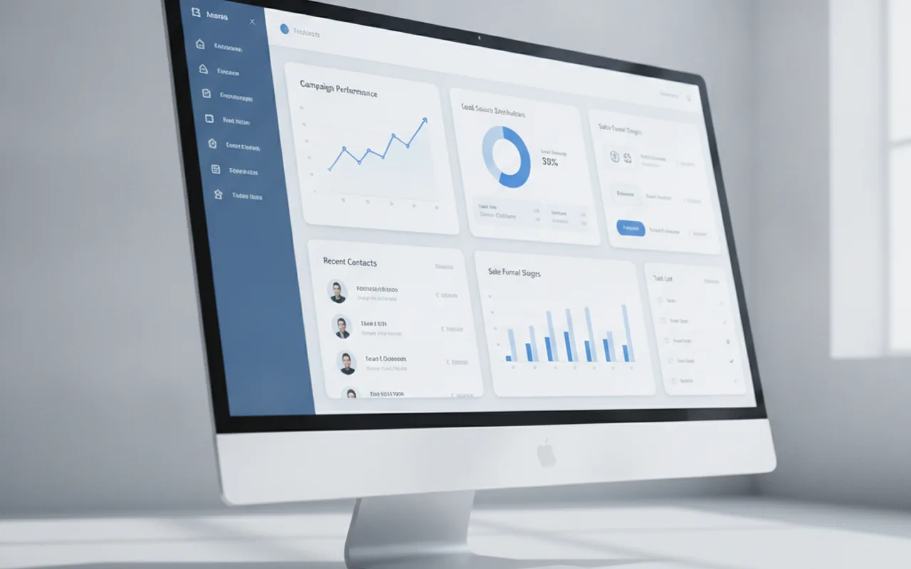 Clean CRM marketing dashboard on monitor showing campaign performance analytics in blue and white