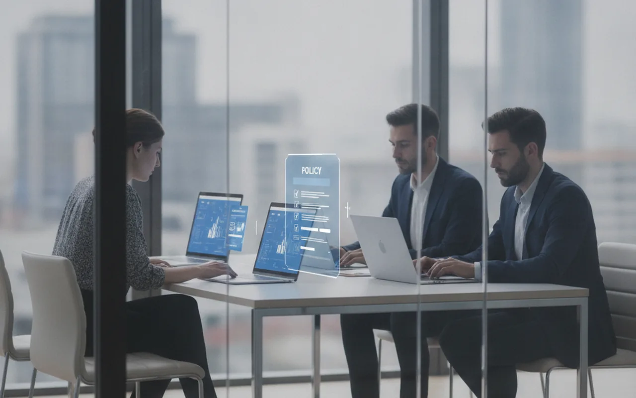 Marketing team reviewing AI compliance policy documents in a glass-walled office