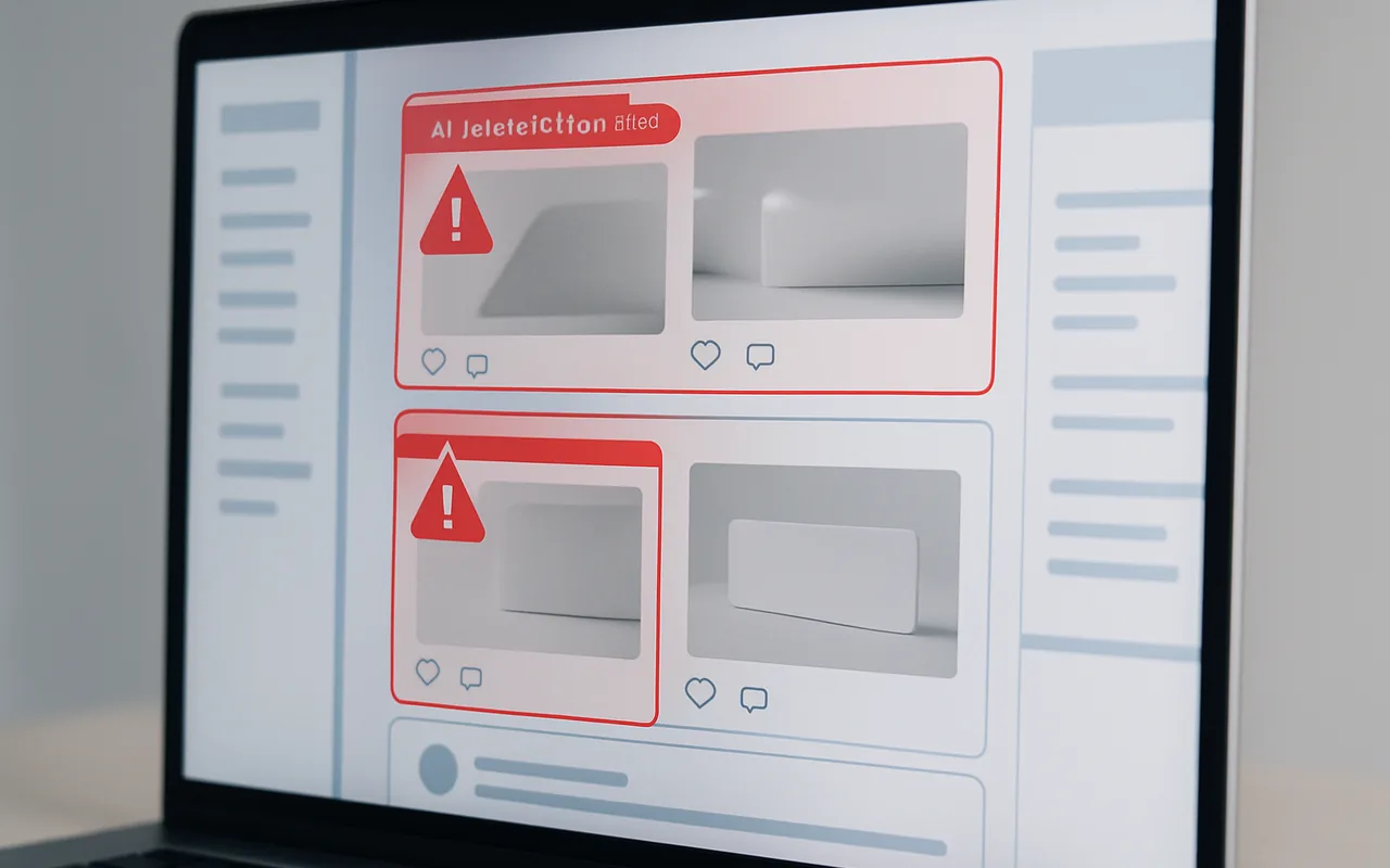 Social media feed on a laptop screen with red warning icons flagging AI-generated posts