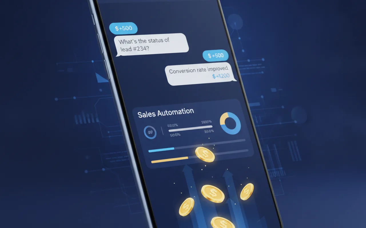 Smartphone displaying AI sales chat conversation with automation dashboard and coin tokens