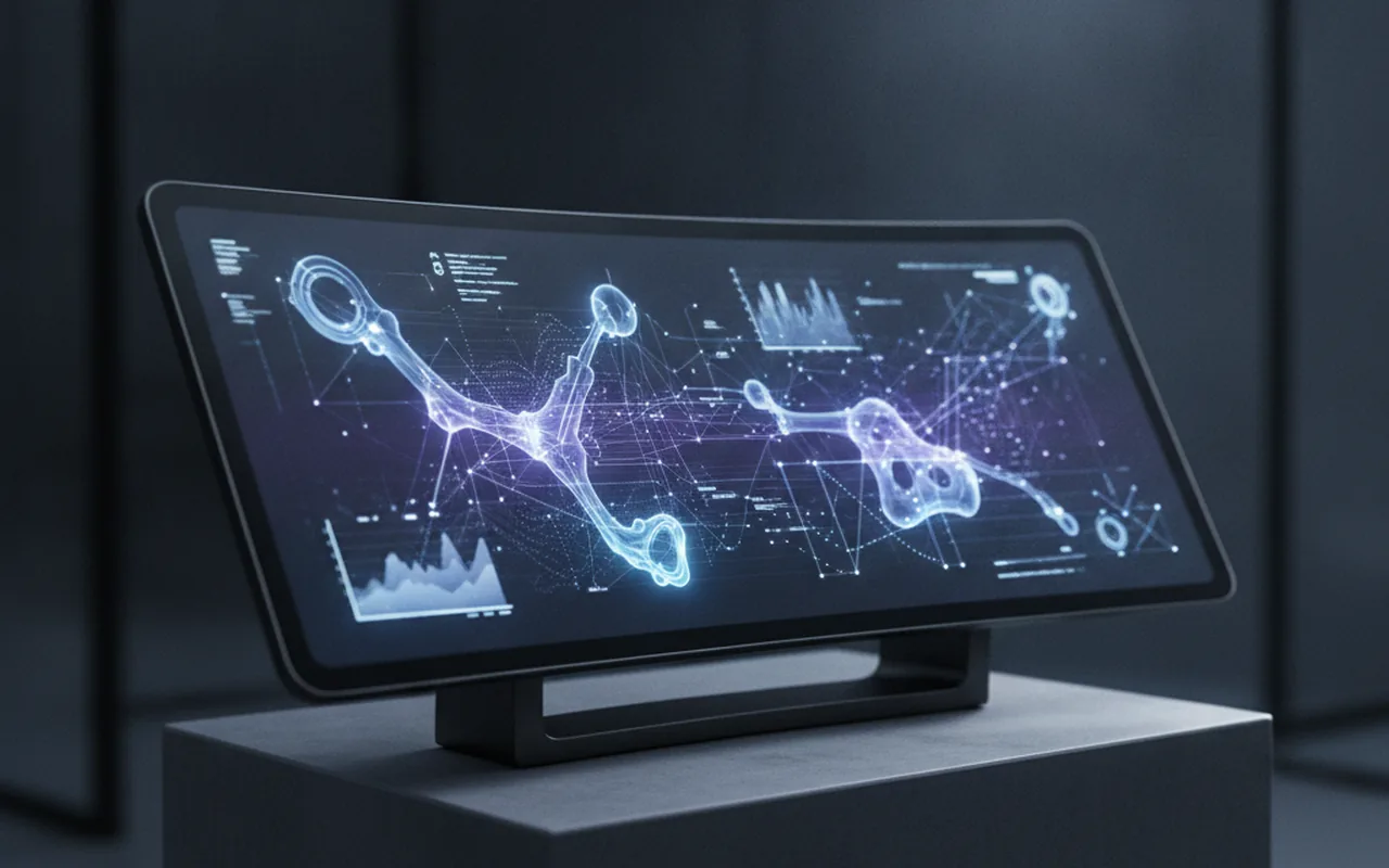 Futuristic dark marketing analytics dashboard with glowing blue data nodes and abstract charts