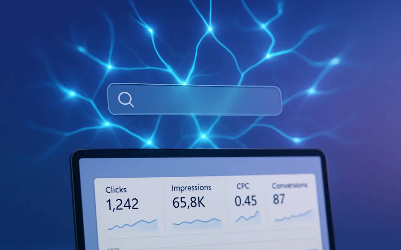 Search interface with AI neural network connections and advertising campaign metrics dashboard