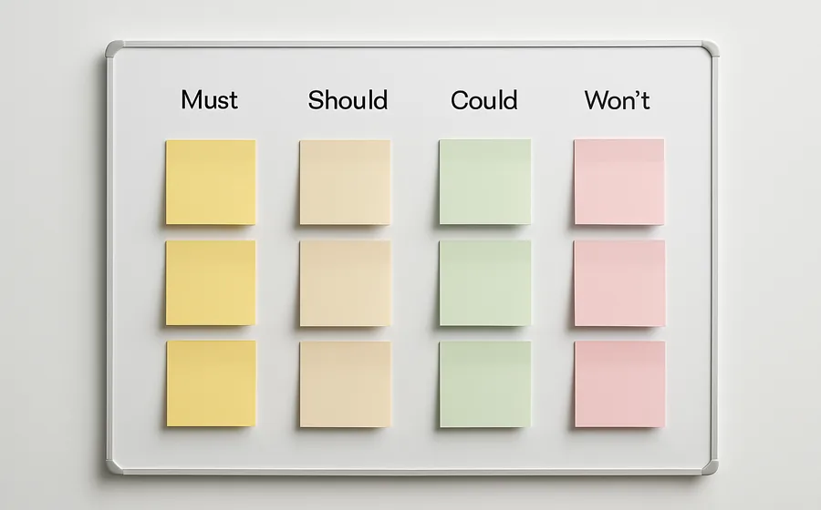 Whiteboard with four sticky note columns for MoSCoW feature prioritization