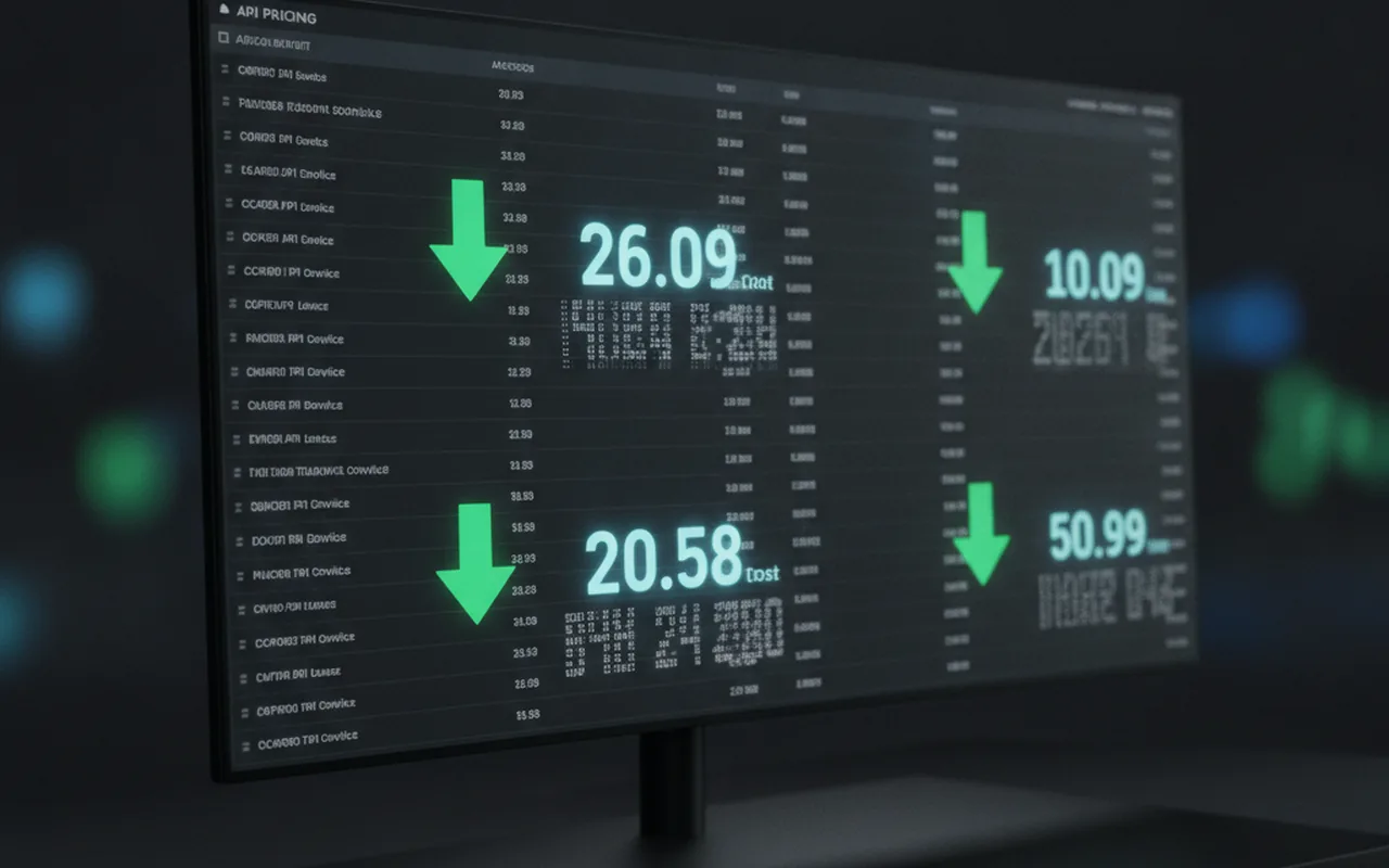 Dark monitor displaying API pricing dashboard with green downward arrows showing price reductions