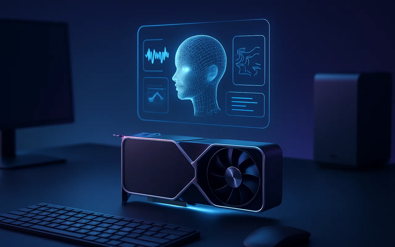 Nvidia GPU card with holographic AI interface in a dark blue workspace