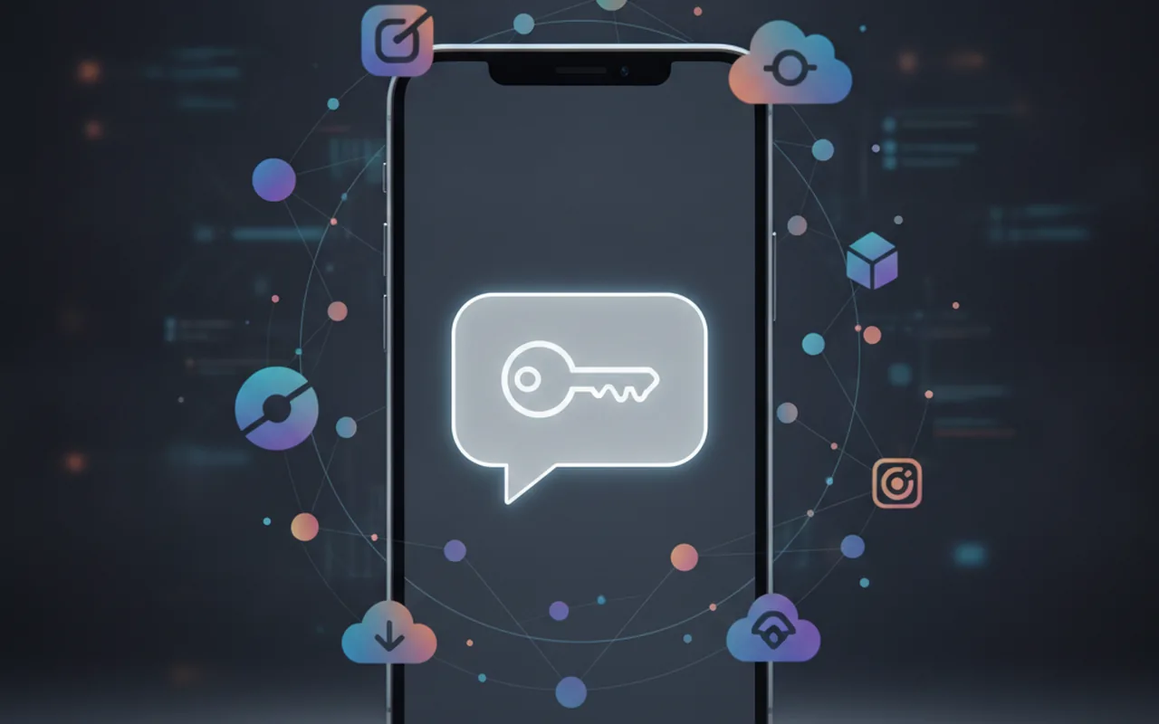 Smartphone with chat bubble key icon surrounded by SaaS app network nodes
