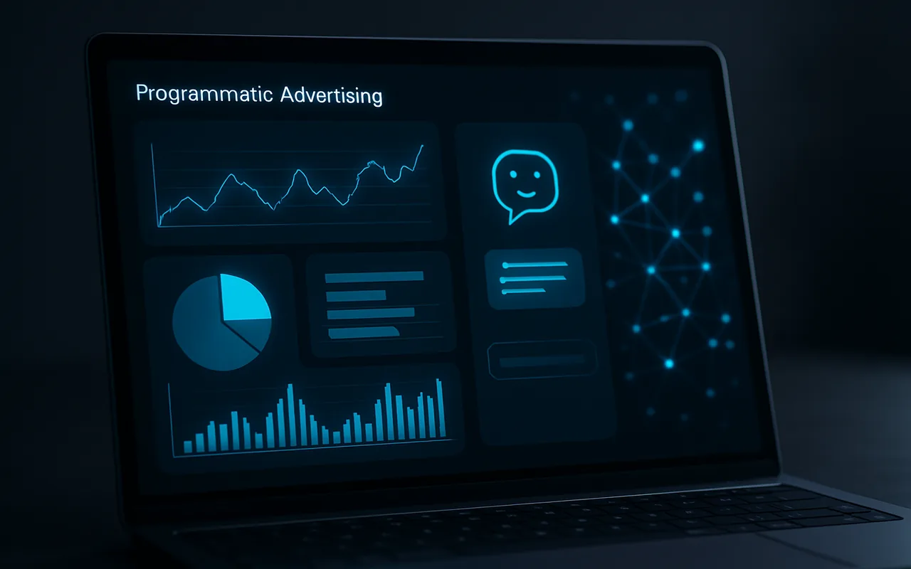 Programmatic advertising dashboard with AI chat interface and analytics charts on dark background