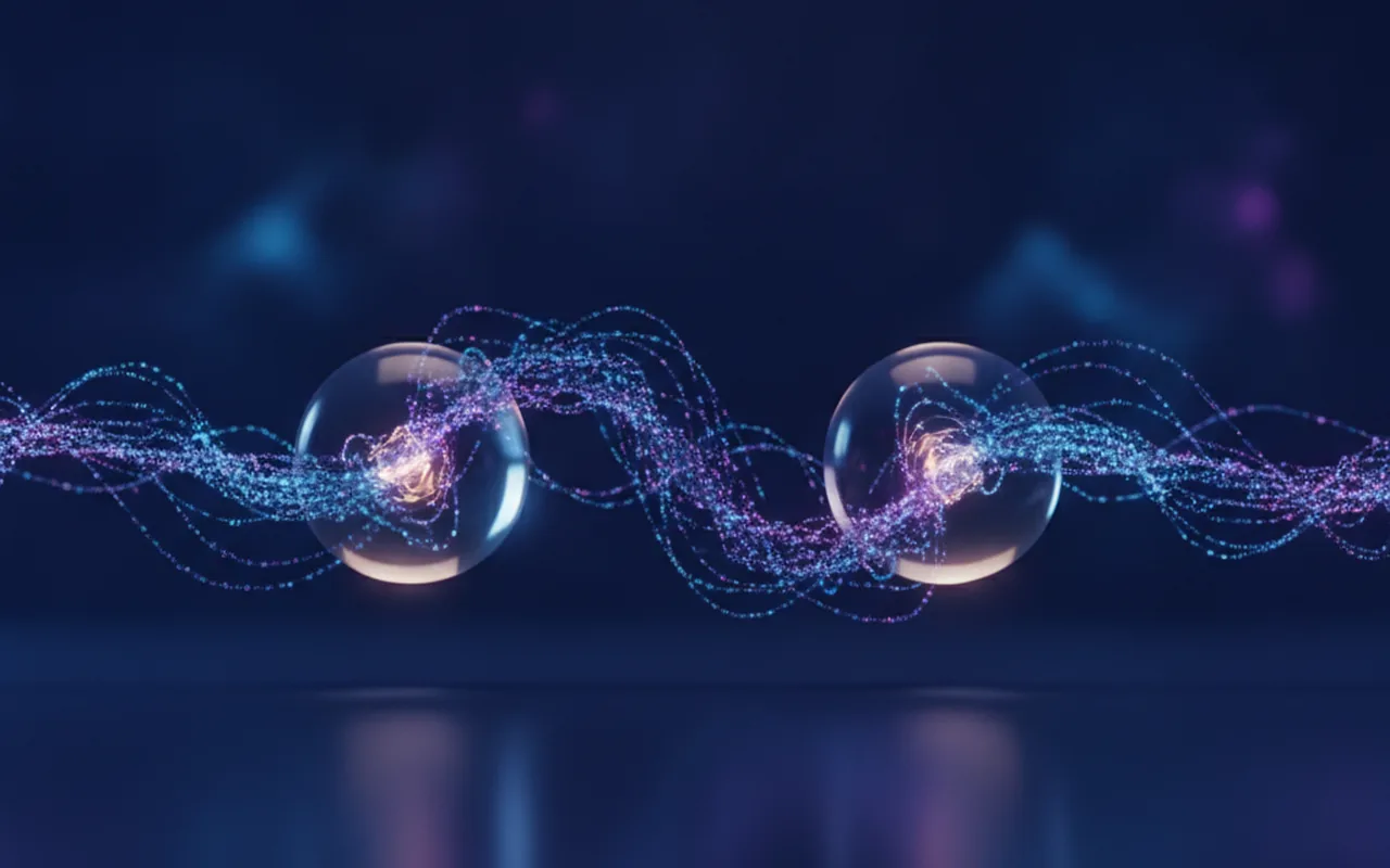 Two glowing digital nodes connected by flowing data streams, abstract API connectivity visualization