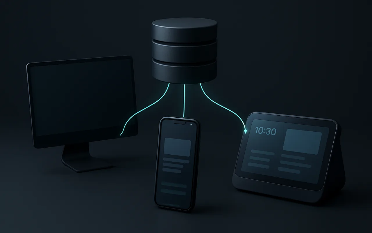 Content repository connected by API lines to a desktop monitor, smartphone, and smart home display