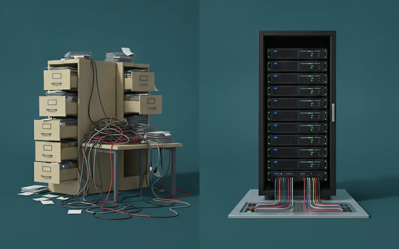 Split-screen illustration: left shows cluttered filing cabinets and tangled cables representing legacy code; right shows a clean modern server rack representing a refactored system