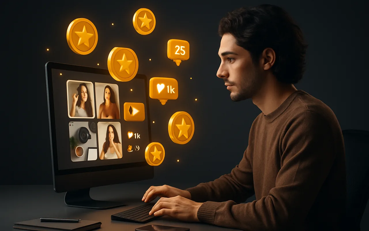Content creator at modern desk with reward coins and engagement metrics floating from the screen