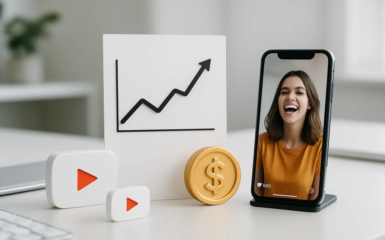 YouTube play button icons and rising analytics chart next to smartphone showing short-form vertical video