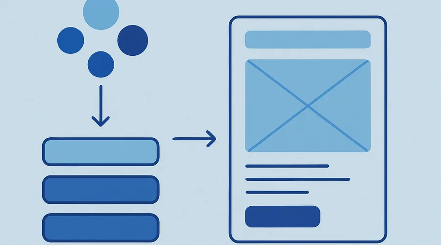 Diagram showing design tokens flowing into UI components, then assembled into a product screen wireframe